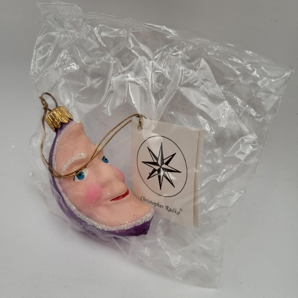 Christopher Radko Crescent Moon Glass Christmas Ornament Man face Purple